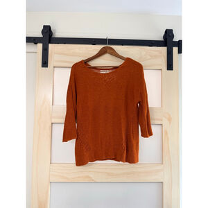 Anthropologie Linen Blend Lightweight Knit Sweater Rust Orange 3/4 Sleeve Small